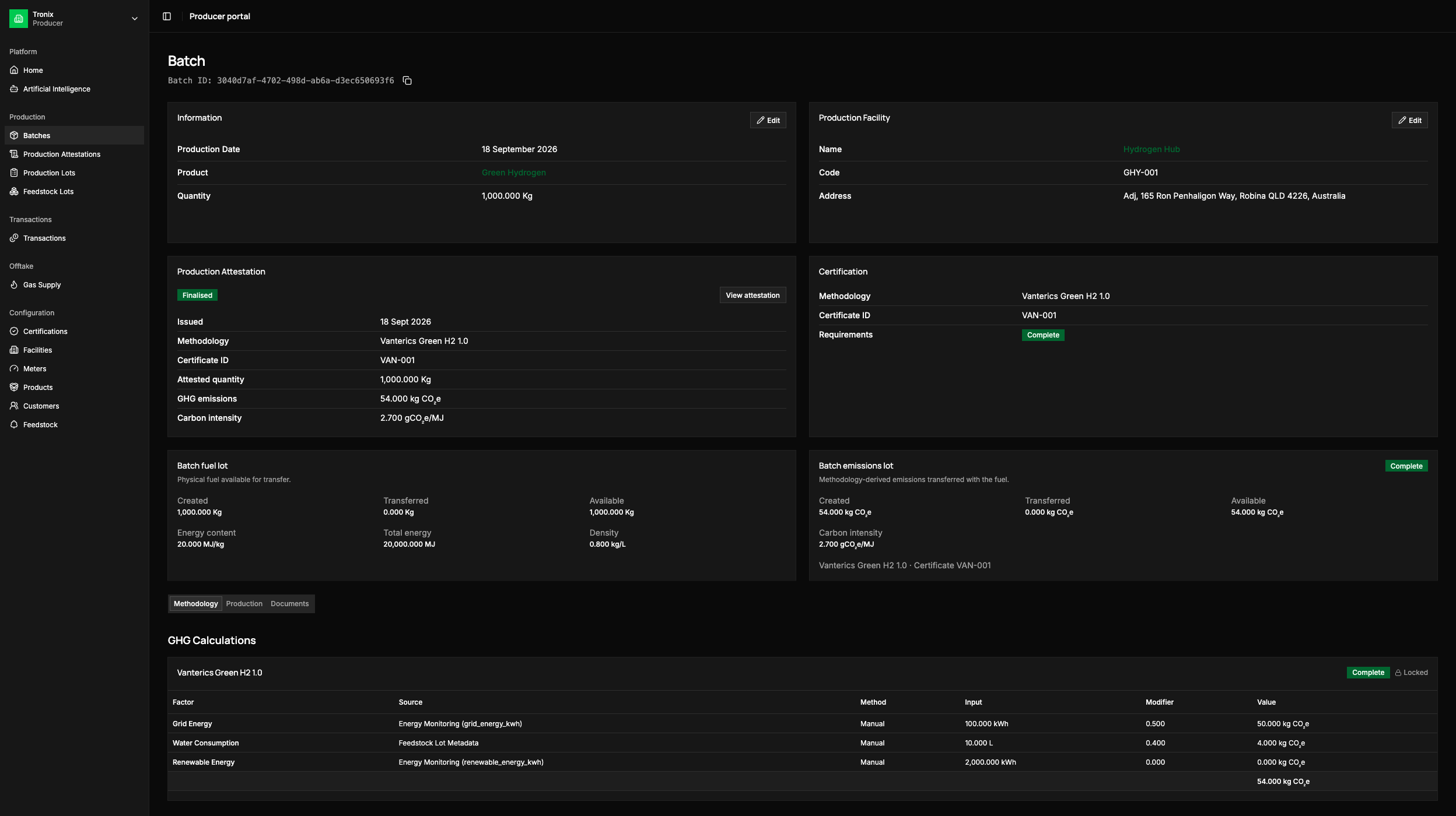 Vanterics batch detail showing production information and GHG calculations with input sources, methods, factors, and results