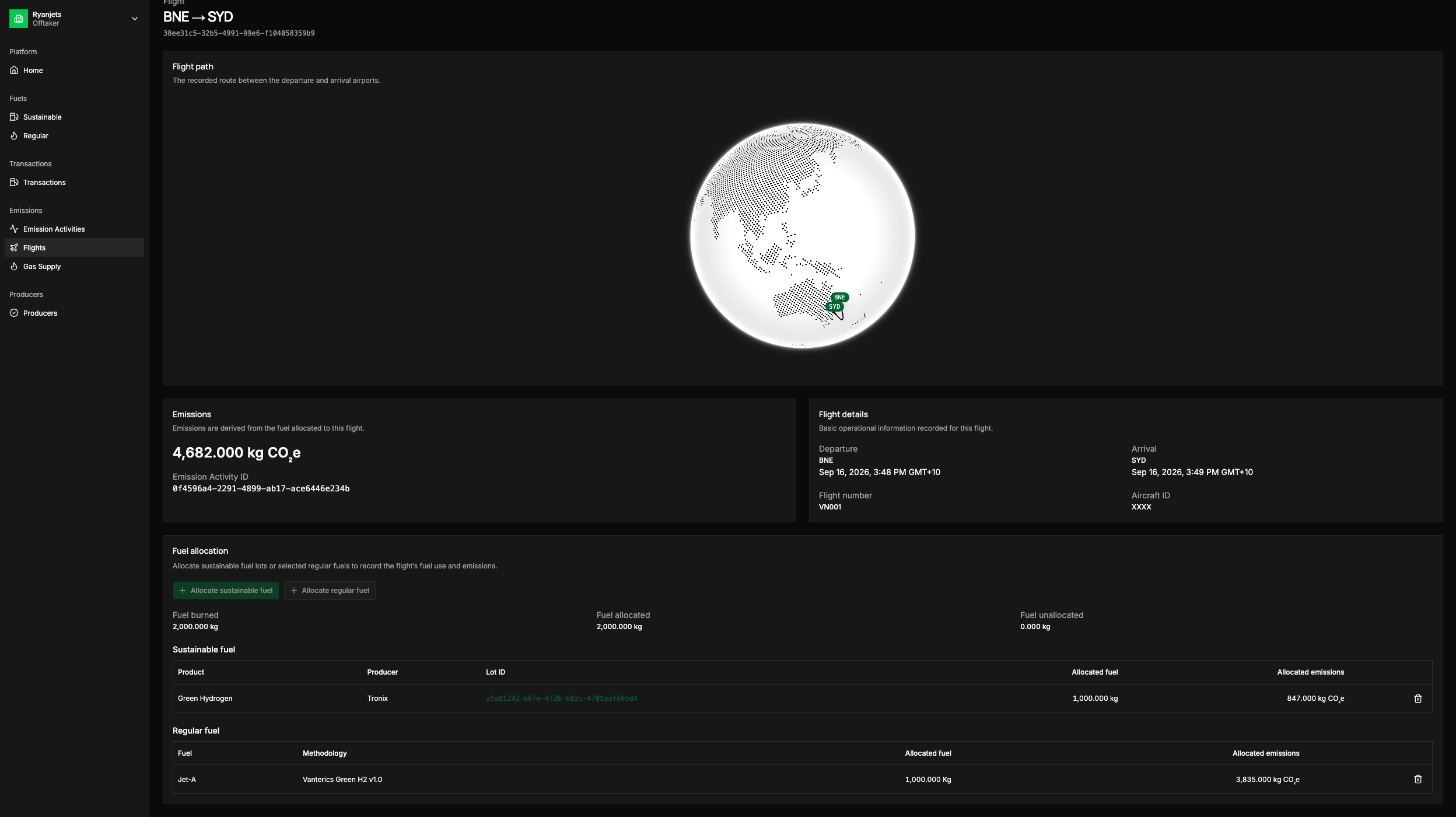 Vanterics flight report showing the route, flight emissions, and sustainable and regular fuel allocations